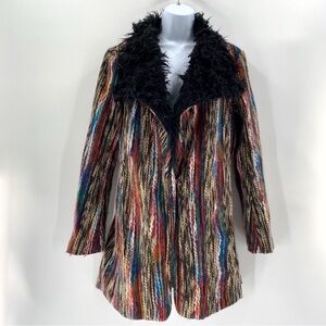 Multicolor Striped Women's Coat with Black Fur Collar
